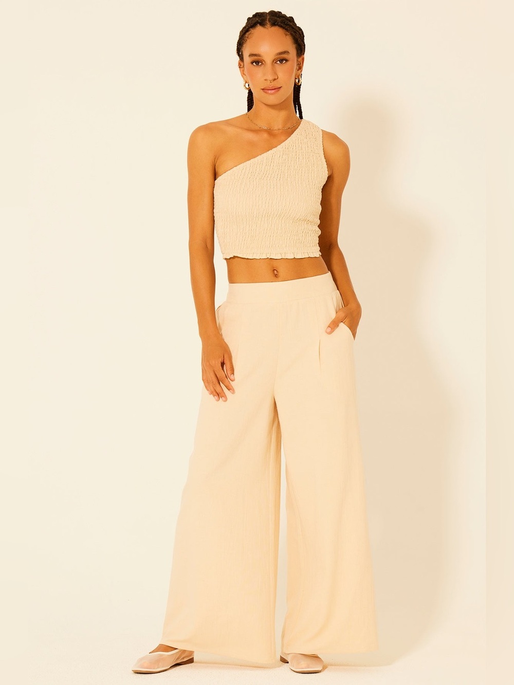 One-Shoulder Crop Top with Wide-Leg Pants Set - Cream